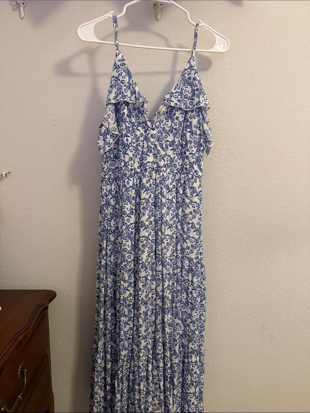 miami Blue and White Floral Ruffle Maxi Dress